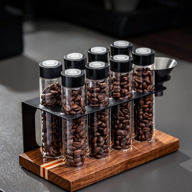 Coffee Tea Jars - ขวดแก้วเก็บเมล็ดกาแฟ JUSTINLAU พร้อมวาล์วปิดผนึก 1 ทาง ชั้นวางไม้พร้อมกรวย