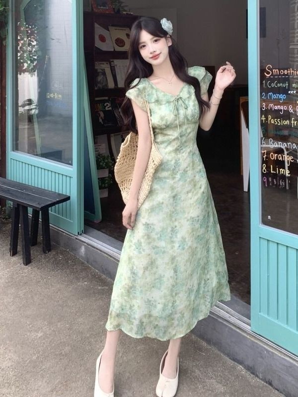 Coffee Tea Weight Loss - เดรสยาวลายดอกไม้สำหรับผู้หญิง ฤดูร้อน 2025 ทรงเข้ารูป ผูกเอว ช่วยให้ดูผอมเพรียว