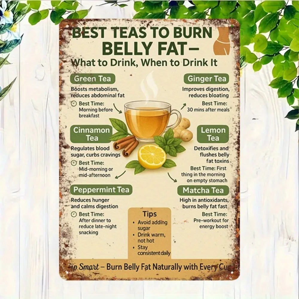 Coffee Tea For Weight Loss - แผนภูมิการลดน้ำหนักด้วยชาเขียว, คู่มือไขมันหน้าท้องแบบ 2 มิติ ของตกแต่งผนังโลหะพร้อมสูตรดีท็อกซ์มัทฉะและอบเชย