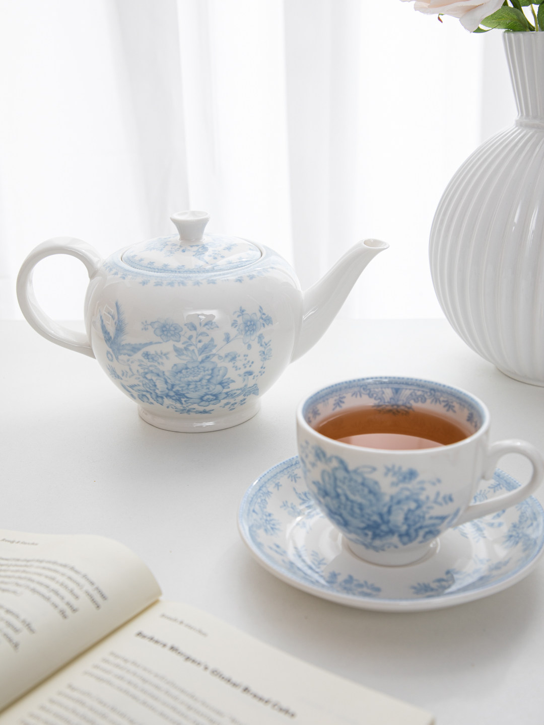 Espresso Cup Saucer - ชุดถ้วยน้ำชาและจานรองเซรามิกสไตล์เรโทรลายดอกโบตั๋นสีน้ำเงิน สำหรับดื่มน้ำชายามบ่าย ถ้วยกาแฟและจานรอง กาน้ำชา ถ้วยชาดำแบบอังกฤษ
