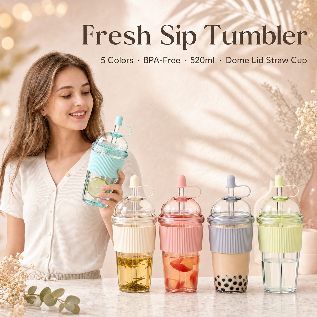 Coffee Jelly Tea - แก้วพลาสติกแบบพกพาขนาด 520 มล. 1 ใบ พร้อมหลอดดูดแบบพับได้