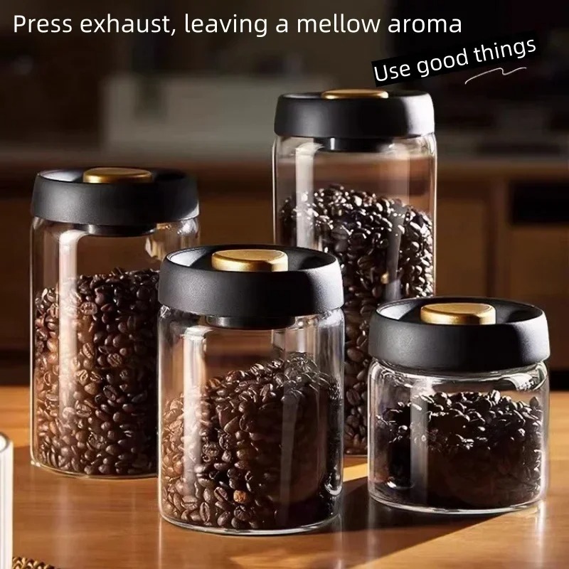 Coffee Tea Jars - โถเก็บกาแฟสุญญากาศแบบแมนนวล ทำจากแก้วบอโรซิลิเกตคุณภาพสูง ป้องกันความชื้น สำหรับเก็บชาและกาแฟในครัว