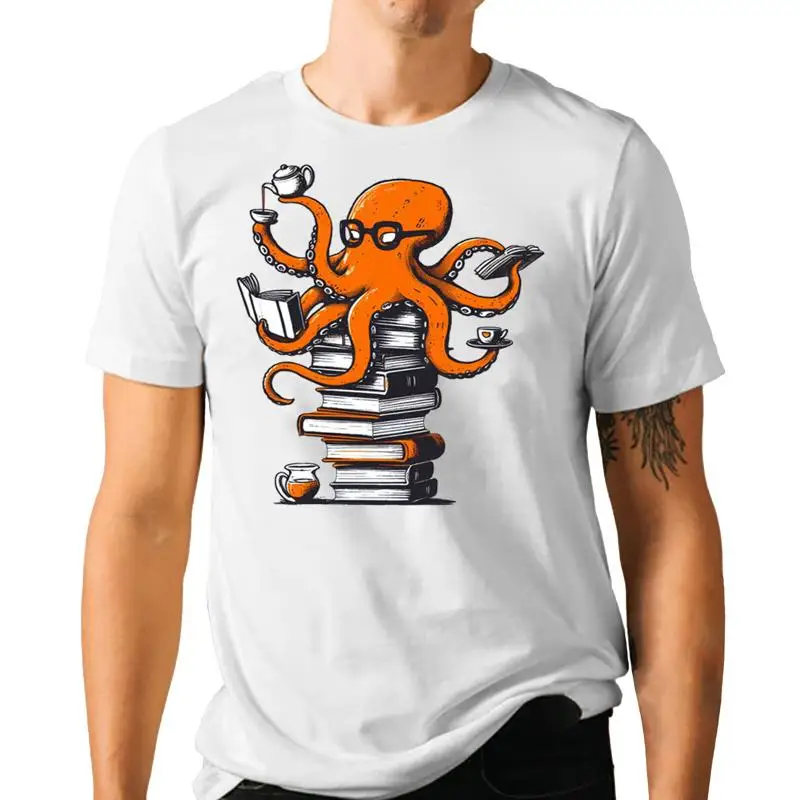 T And Tea Coffee - เสื้อยืดลายปลาหมึก กาแฟ ชา หนังสือ
