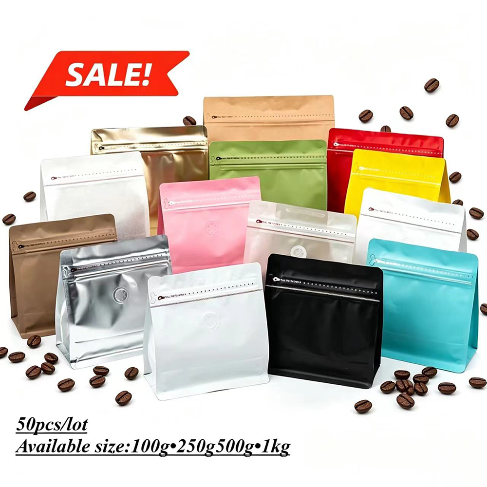 Coffee Tea Day - 50pcs Matte Black Mylar อลูมิเนียมฟอยล์ความร้อนซีลถุงกาแฟวาล์ว Resealable