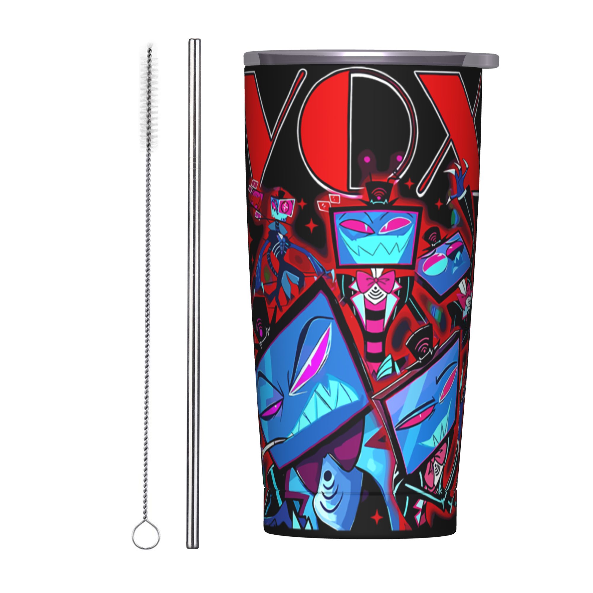 Double Wall Mug - แก้วน้ำเก็บความร้อน Hazbin Hotel ลายการ์ตูน พร้อมฝาและหลอดดูด ขนาด