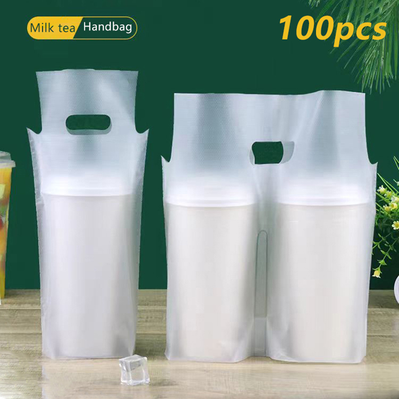 Mug Tea Coffee - ถุงบรรจุภัณฑ์ชา sữaแบบแก้วเดี่ยว/แก้วคู่ 100 ชิ้น ถุงพลาสติกใสแบบใช้แล้วทิ้งสำหรับเครื่องดื่ม ถุงหิ้วกาแฟแบบนำกลับบ้าน