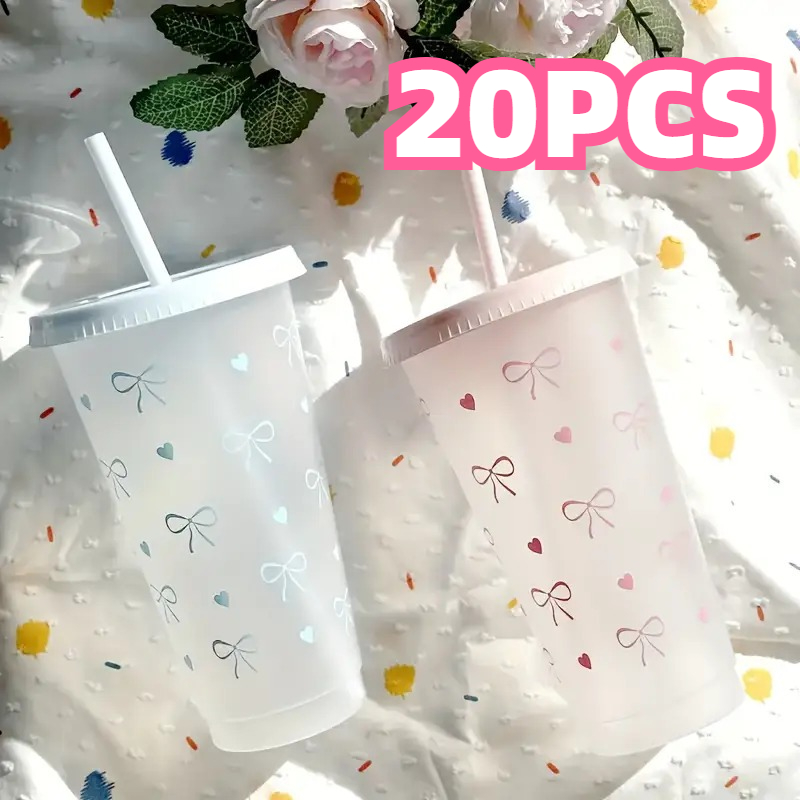 Coffee Tea Day - แก้วพลาสติกแบบมีโบว์ 20 ชิ้น พร้อมฝาปิดและหลอด สำหรับใส่กาแฟเย็น น้ำผลไม้