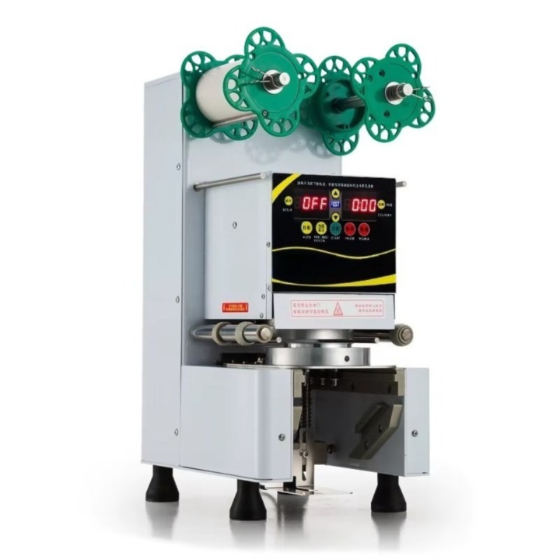 Coffee Tea Machine - เครื่องซีลฝาพลาสติกอัตโนมัติเชิงพาณิชย์ พร้อมที่ใส่ฟิล์มม้วน สำหรับร้านชานม กาแฟ น้ำผลไม้ เครื่องดื่ม