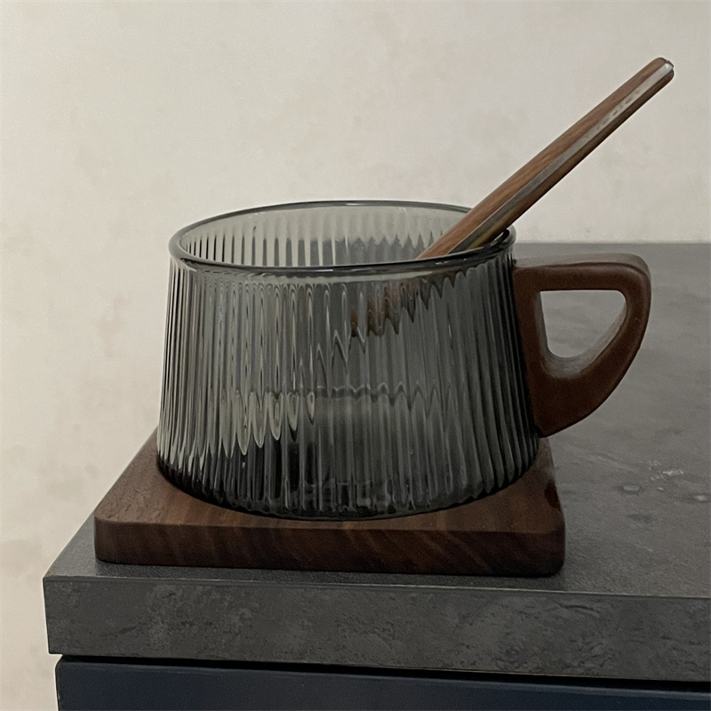 Espresso Cup Saucer - แก้วกาแฟลายทางขนาด 200 มล. และชุดจานรองแก้วกาแฟอเมริกาโน่พร้อมถาดไม้ช้อนเครื่องมือบาริสต้ากาแฟแบบใช้ซ้ำได้