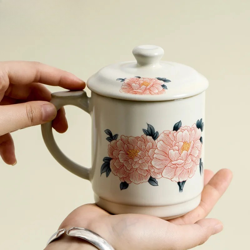 Coffee Jelly Tea - แก้วกาแฟลาร์ดเจลลี่สีขาวขุ่น 400 มล. ลายดอกโบตั๋น รุ่น Ru