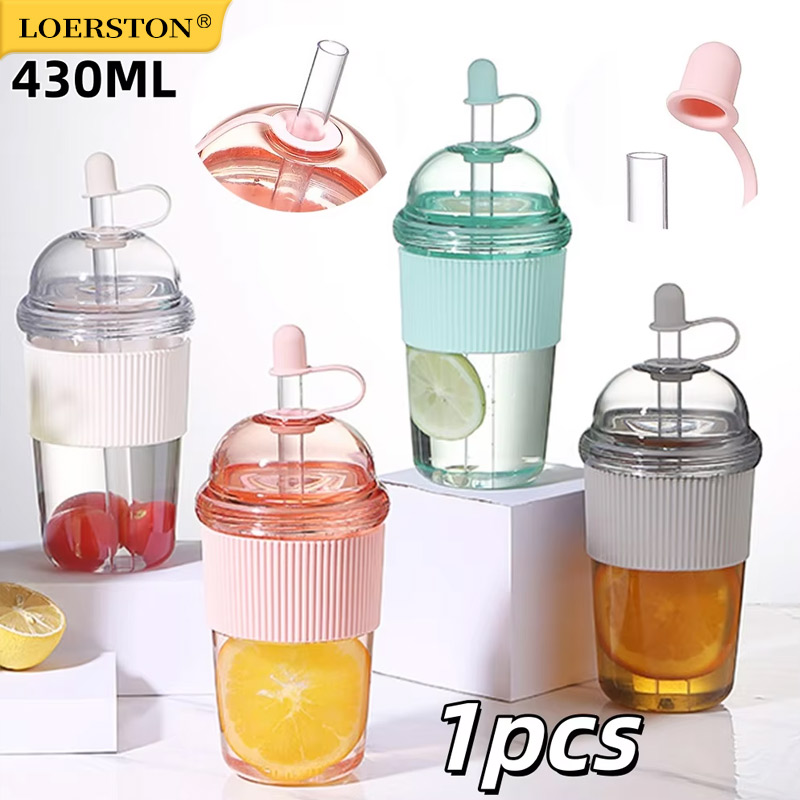 Coffee Jelly Tea - แก้วพลาสติกแบบพกพาขนาด 430 มล. 1 ใบ พร้อมหลอดดูดแบบพับได้