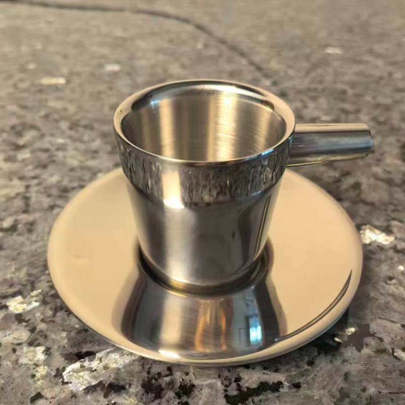 Double Wall Mug - แก้วกาแฟสแตนเลส 2 ใบ พร้อมจานรอง แก้วกาแฟสองชั้นสีเงินพร้อมหูจับ สำหรับคาปูชิโน