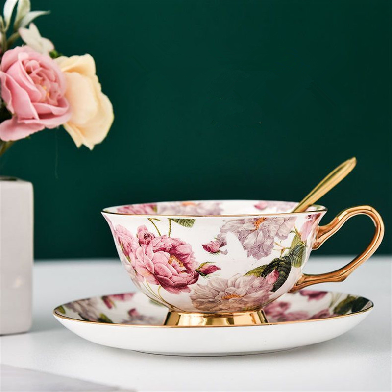 Espresso Cup Saucer - ชุดถ้วยกาแฟและจานรองพร้อมช้อน ดีไซน์สวยงามแปลกตา ทำจากกระดูกจีน สำหรับน้ำชาอังกฤษ ชุดน้ำชาดำ สำหรับงานเลี้ยงที่บ้าน