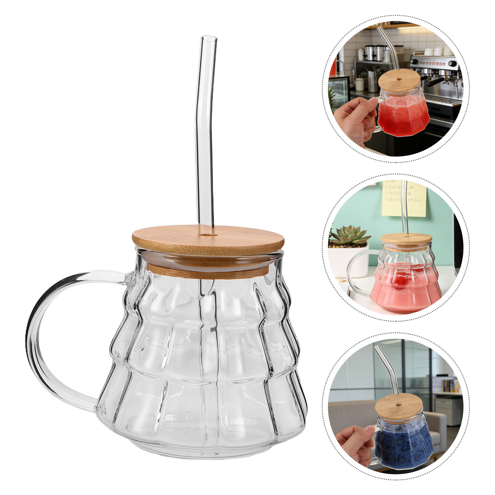 Coffee Tea Brew - แก้วนมแก้วกาแฟใส ทำจากแก้วบอโรซิลิเกต ฝาไม้พร้อมหูจับ แก้วใสสำหรับชา สมูทตี้ เครื่องดื่มเย็น