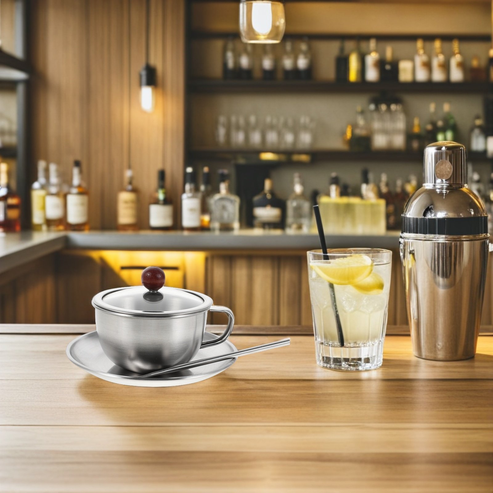 Espresso Cup Saucer - ชุดกาแฟวินเทจ 1 ชุด แก้วสแตนเลสแบบเรียบง่าย พร้อมจานรอง สำหรับเอสเพรสโซ